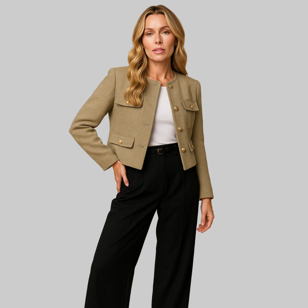 Cropped Tweed Blazer with Gold Buttons and Flap Pockets