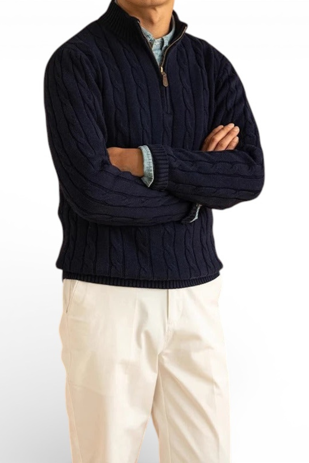 Jacquard Mock Neck Half-Zip Sweater in Cotton