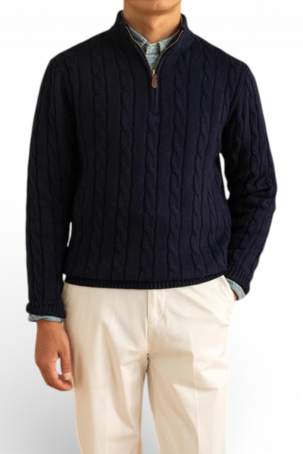 Jacquard Mock Neck Half-Zip Sweater in Cotton