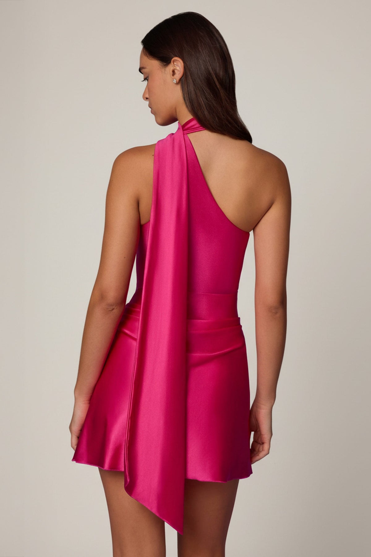 Asymmetric Scarf-Detail Mini Dress in Hot Pink