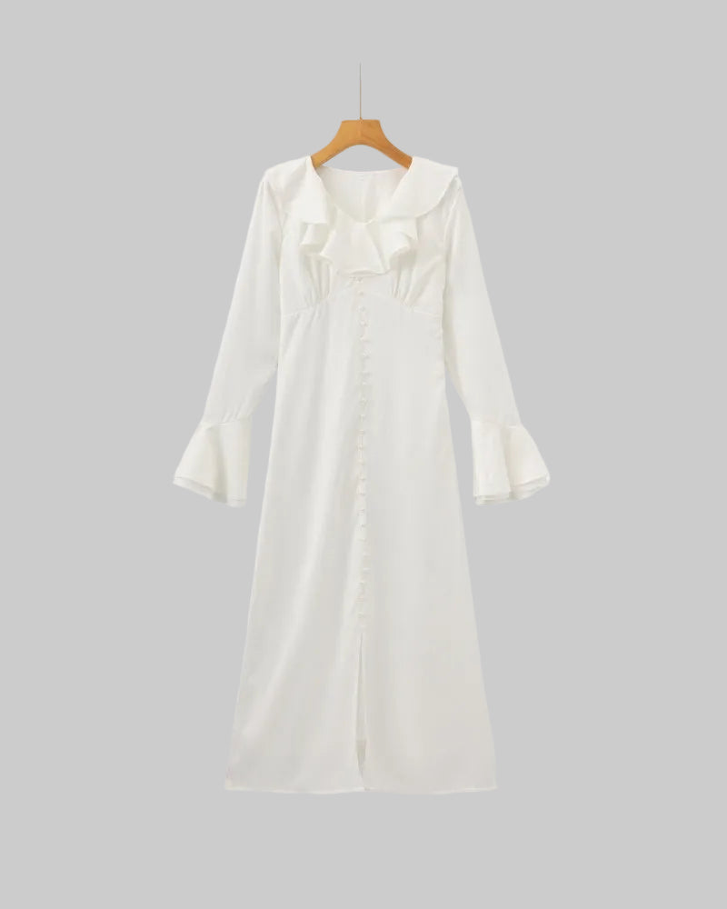 Pearl Button Ruffle Midi Dress