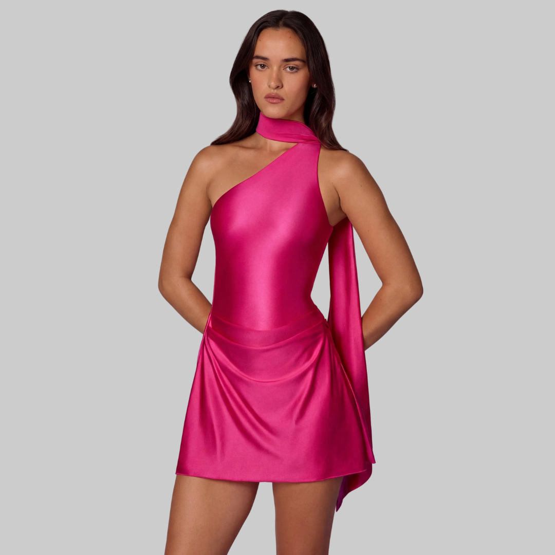 Asymmetric Scarf-Detail Mini Dress in Hot Pink
