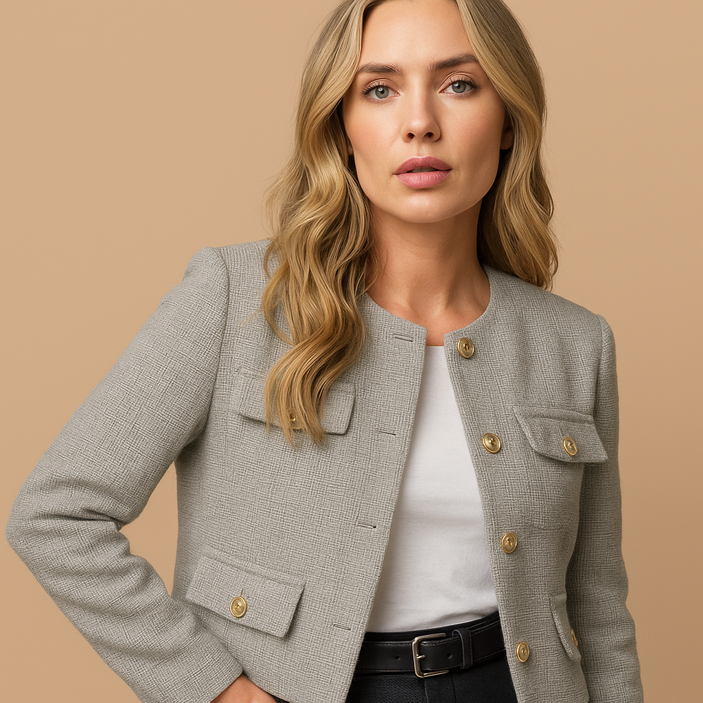 Cropped Tweed Blazer with Gold Buttons and Flap Pockets