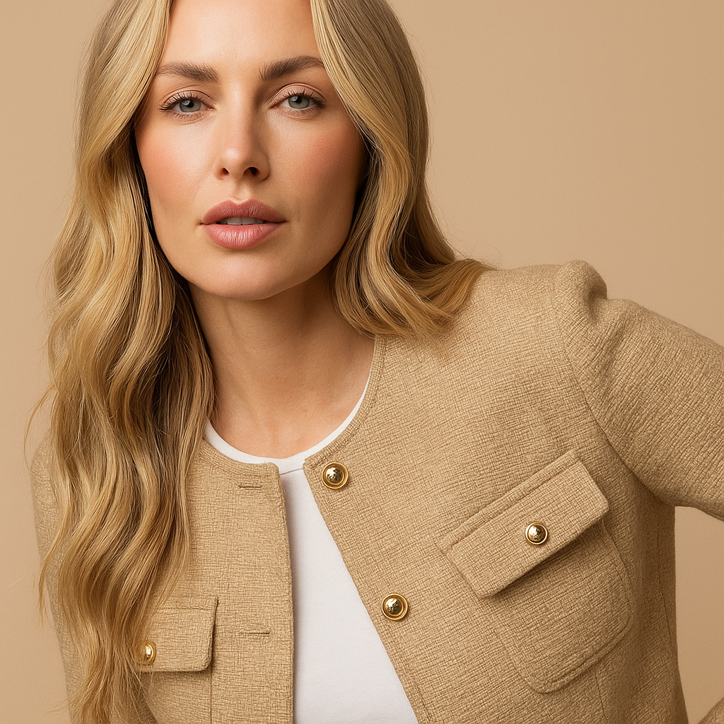 Cropped Tweed Blazer with Gold Buttons and Flap Pockets