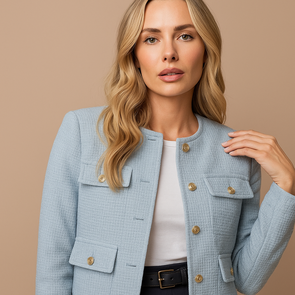 Cropped Tweed Blazer with Gold Buttons and Flap Pockets