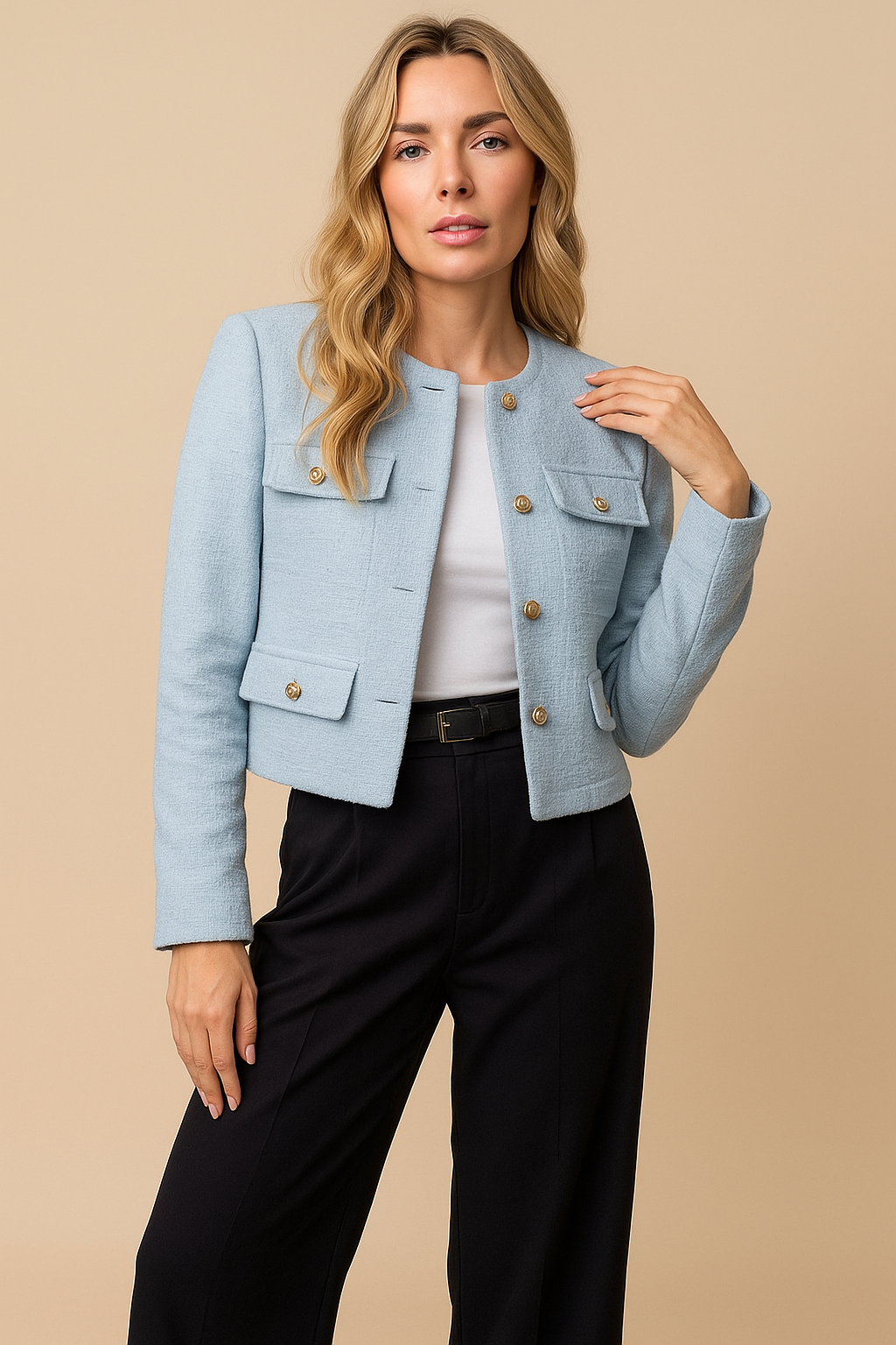 Cropped Tweed Blazer with Gold Buttons and Flap Pockets