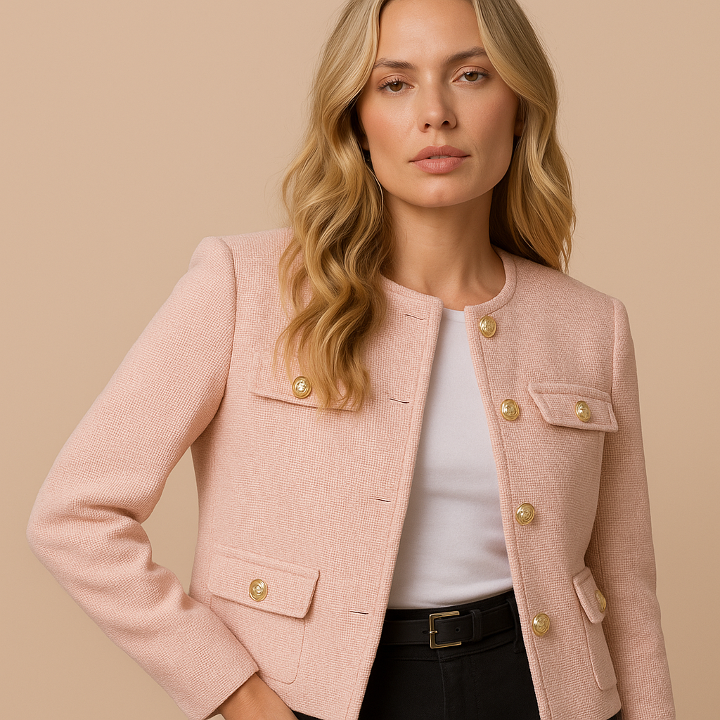 Cropped Tweed Blazer with Gold Buttons and Flap Pockets