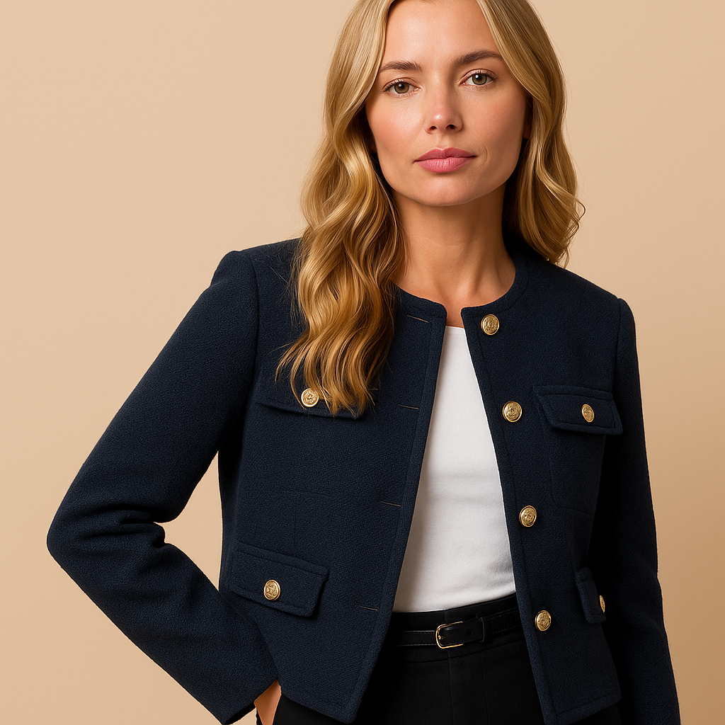 Cropped Tweed Blazer with Gold Buttons and Flap Pockets