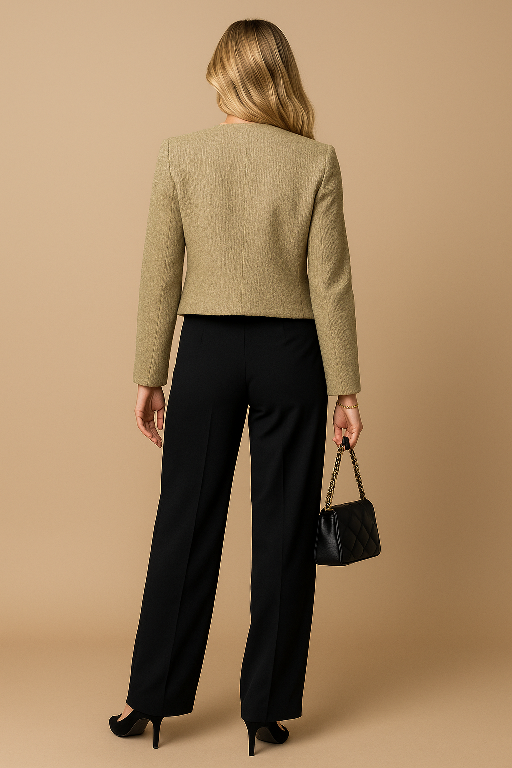 Cropped Tweed Blazer with Gold Buttons and Flap Pockets