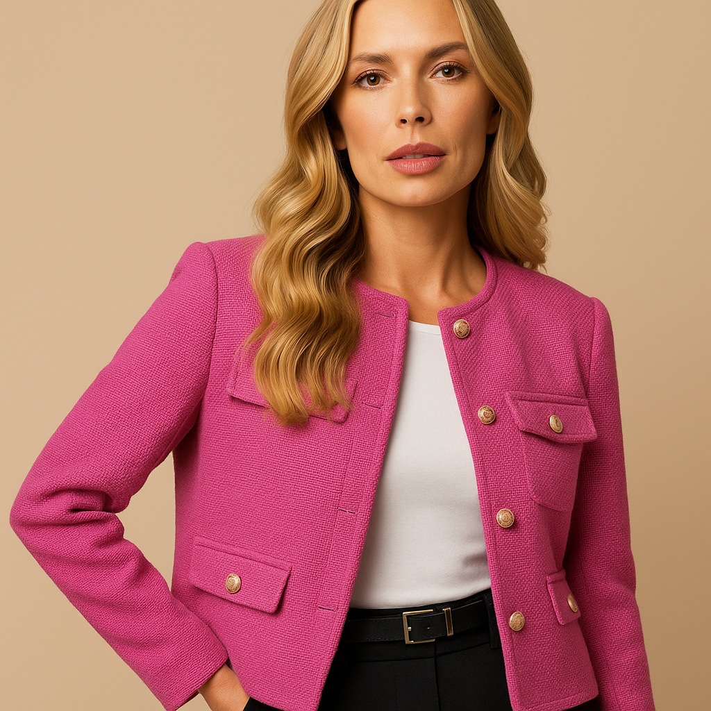 Cropped Tweed Blazer with Gold Buttons and Flap Pockets