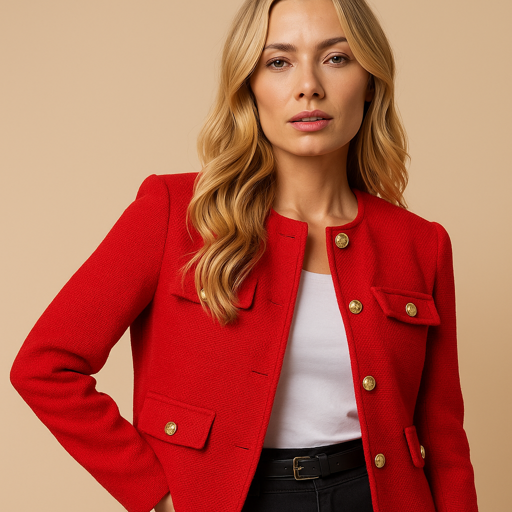 Cropped Tweed Blazer with Gold Buttons and Flap Pockets