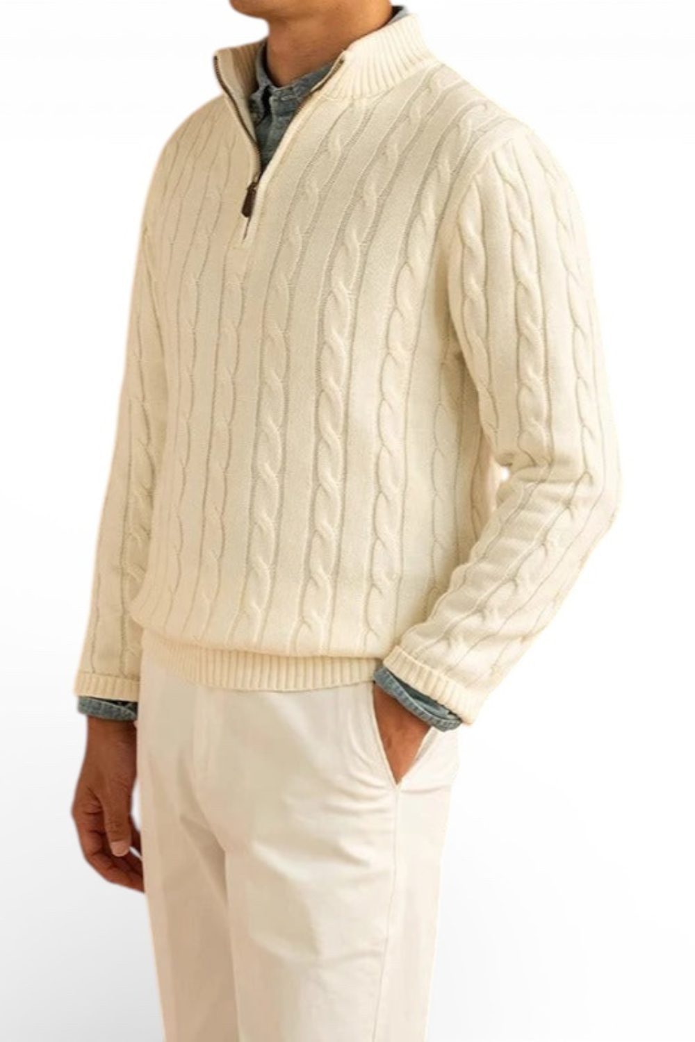 Jacquard Mock Neck Half-Zip Sweater in Cotton
