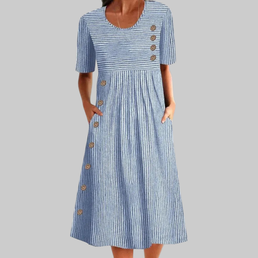 Cecily | Striped Button-Detail Midi Dress with Pockets