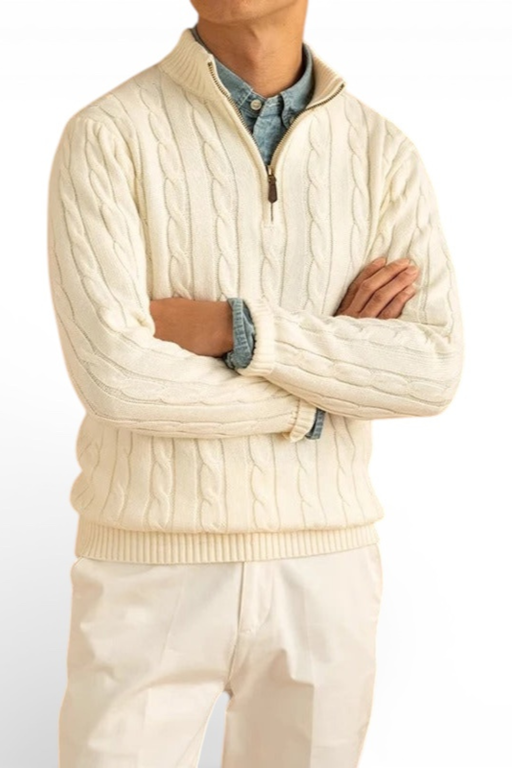 Jacquard Mock Neck Half-Zip Sweater in Cotton