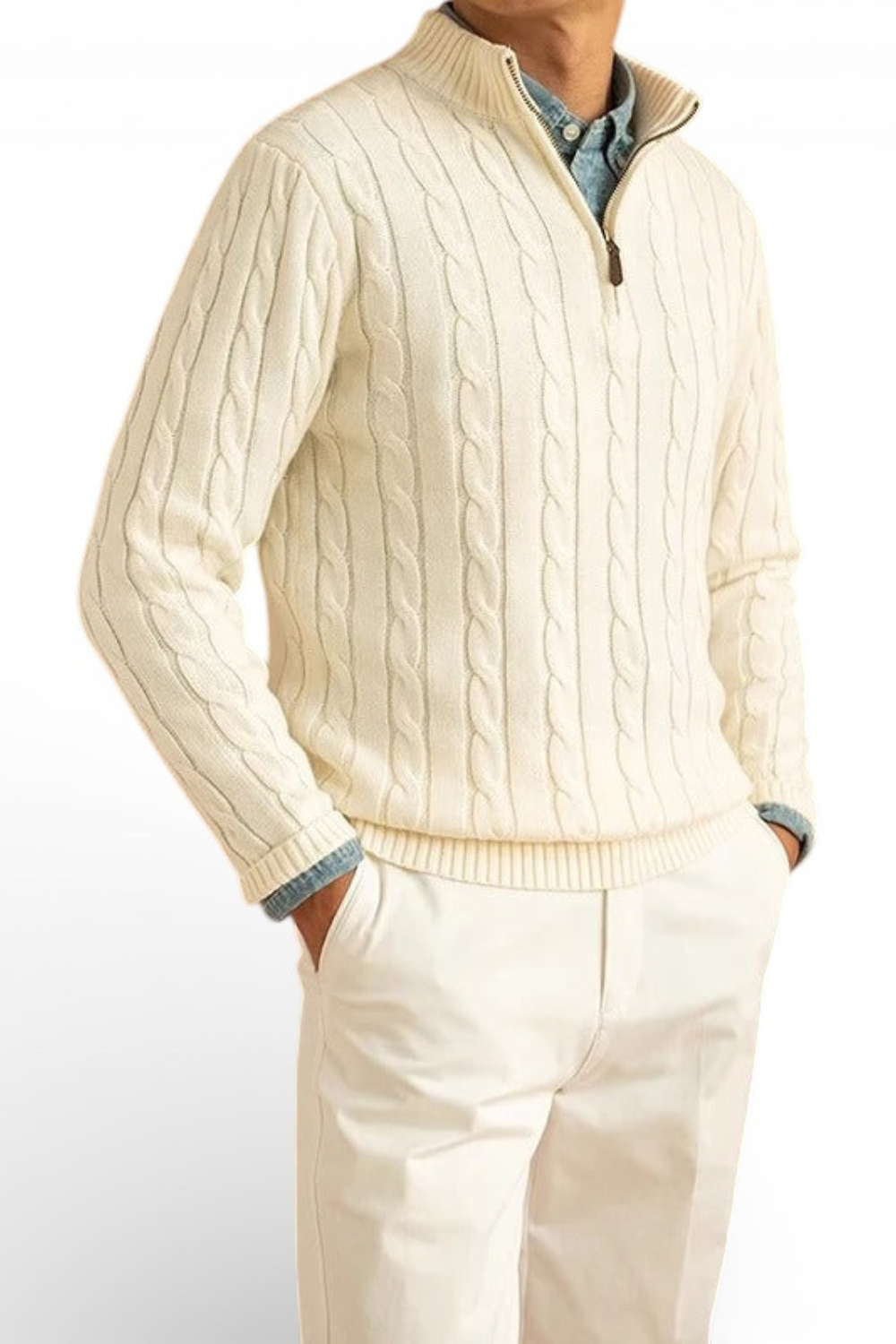 Jacquard Mock Neck Half-Zip Sweater in Cotton
