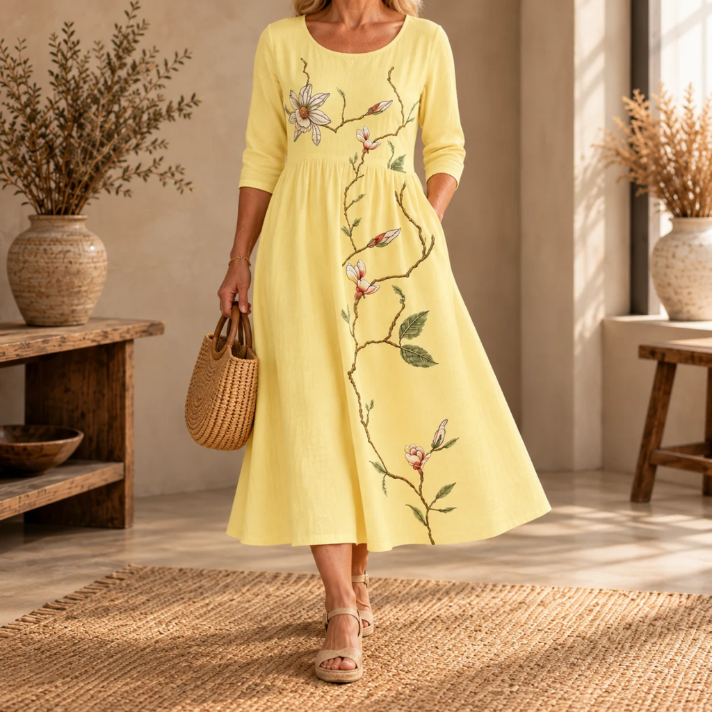 Golden Blossom Pocket Midi Dress