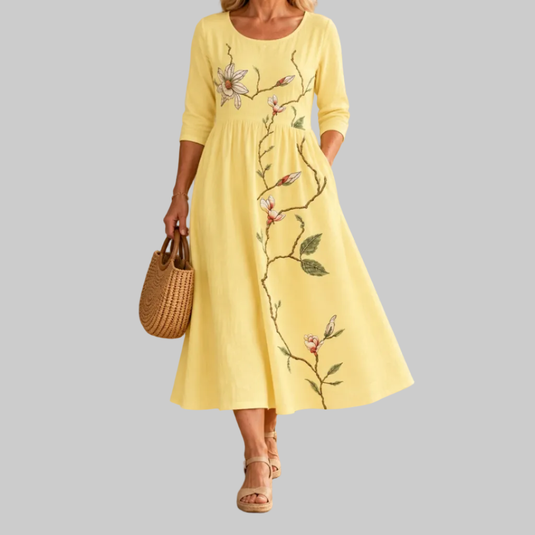 Golden Blossom Pocket Midi Dress