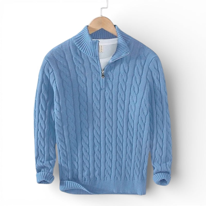 Jacquard Mock Neck Half-Zip Sweater in Cotton