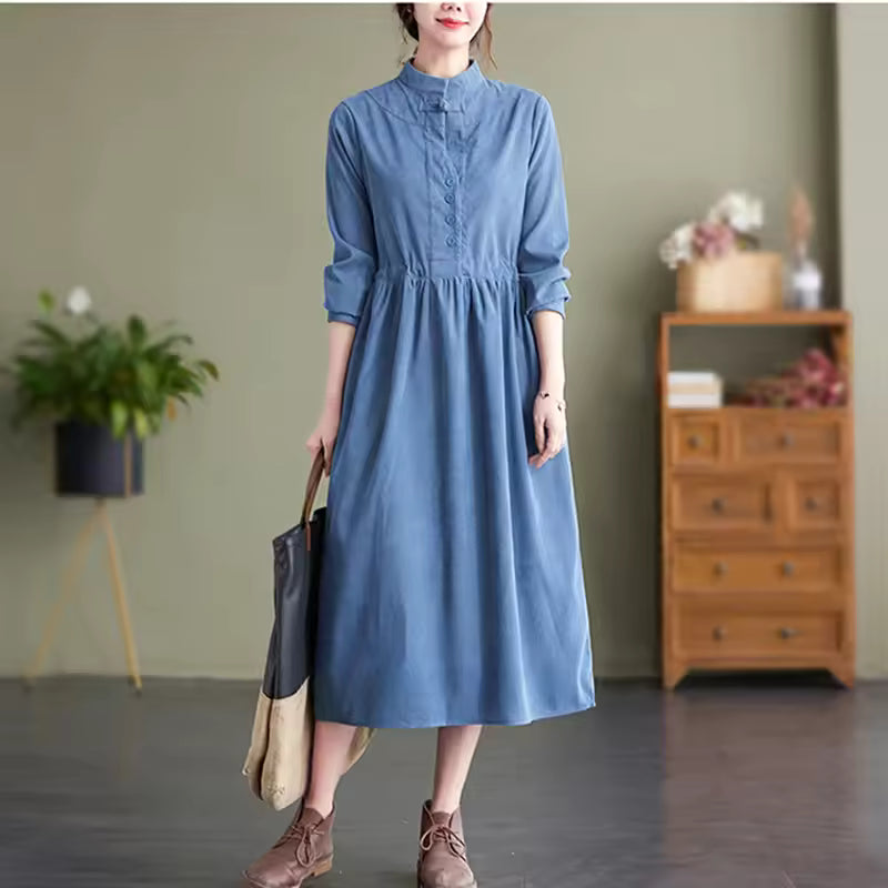 Adele Corduroy Midi Dress Stand-Collar Drawstring-Waist