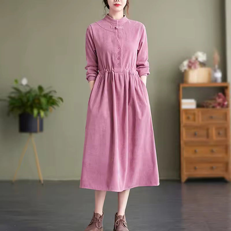 Adele Corduroy Midi Dress Stand-Collar Drawstring-Waist