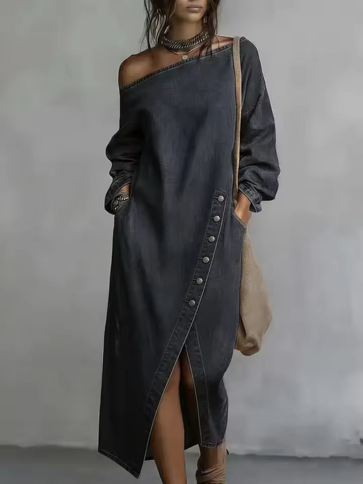 Adeline Denim Maxi Dress Asymmetric Off-Shoulder Button Detail