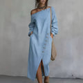 Adeline Denim Maxi Dress Asymmetric Off-Shoulder Button Detail