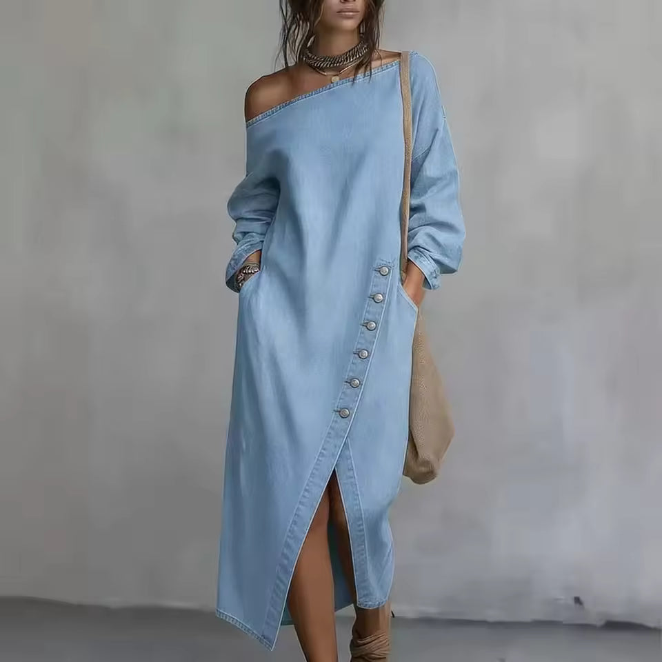 Adeline Denim Maxi Dress Asymmetric Off-Shoulder Button Detail