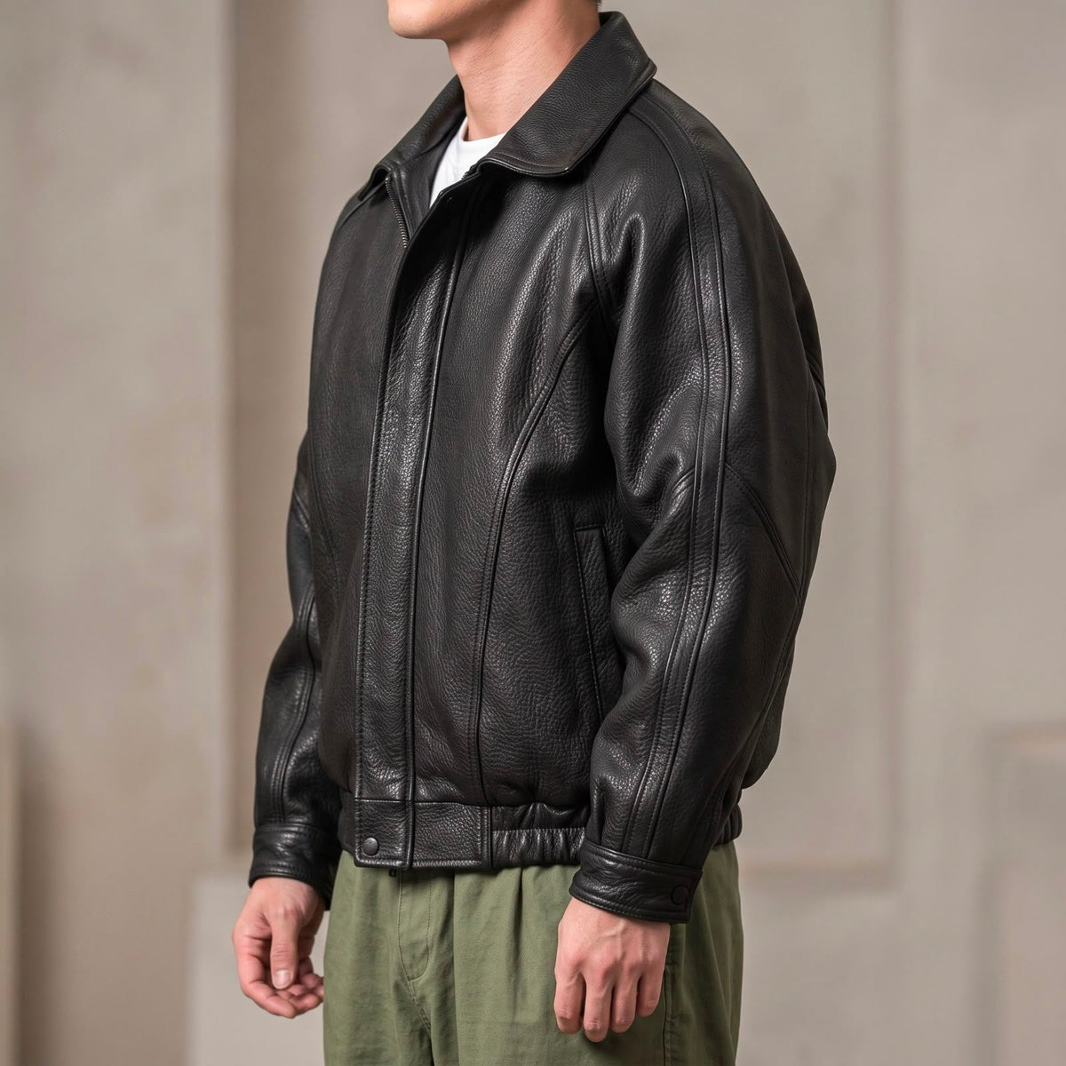 Men’s Leather Zip Jacket – Structured Collared Layer for Spring and Autumn