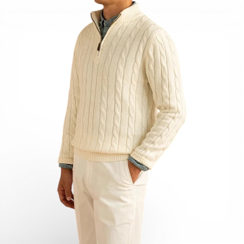 Jacquard Mock Neck Half-Zip Sweater in Cotton