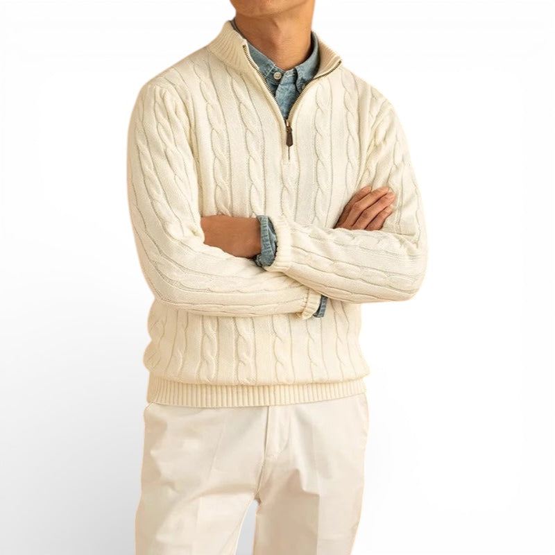 Jacquard Mock Neck Half-Zip Sweater in Cotton