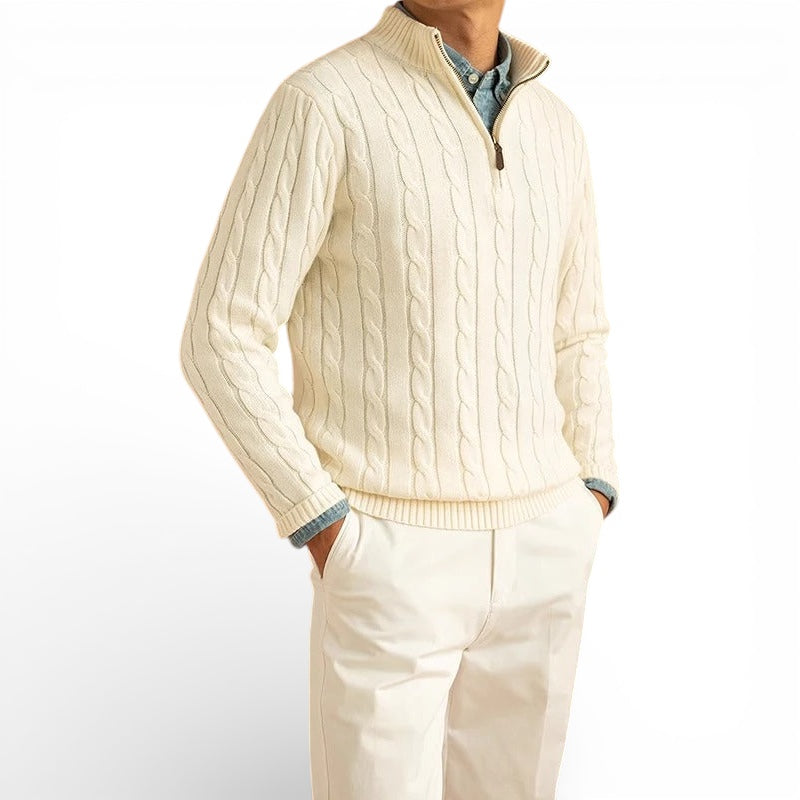 Jacquard Mock Neck Half-Zip Sweater in Cotton