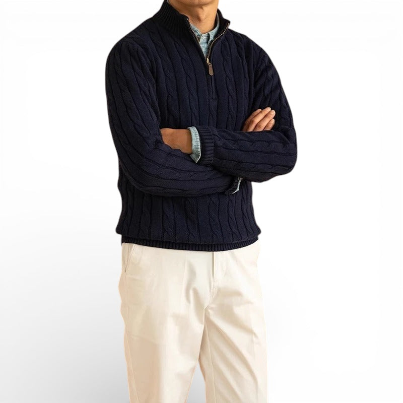 Jacquard Mock Neck Half-Zip Sweater in Cotton