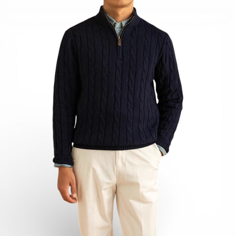 Jacquard Mock Neck Half-Zip Sweater in Cotton