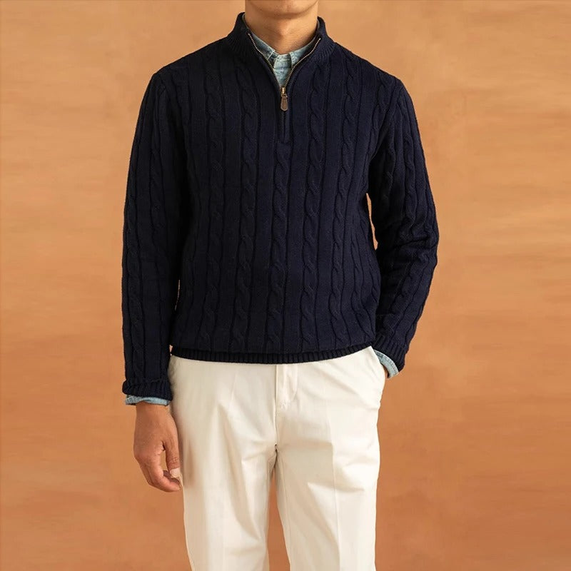 Edward Jacquard Mock Neck Half-Zip Sweater for Men – Timeless Old Money Style Navy