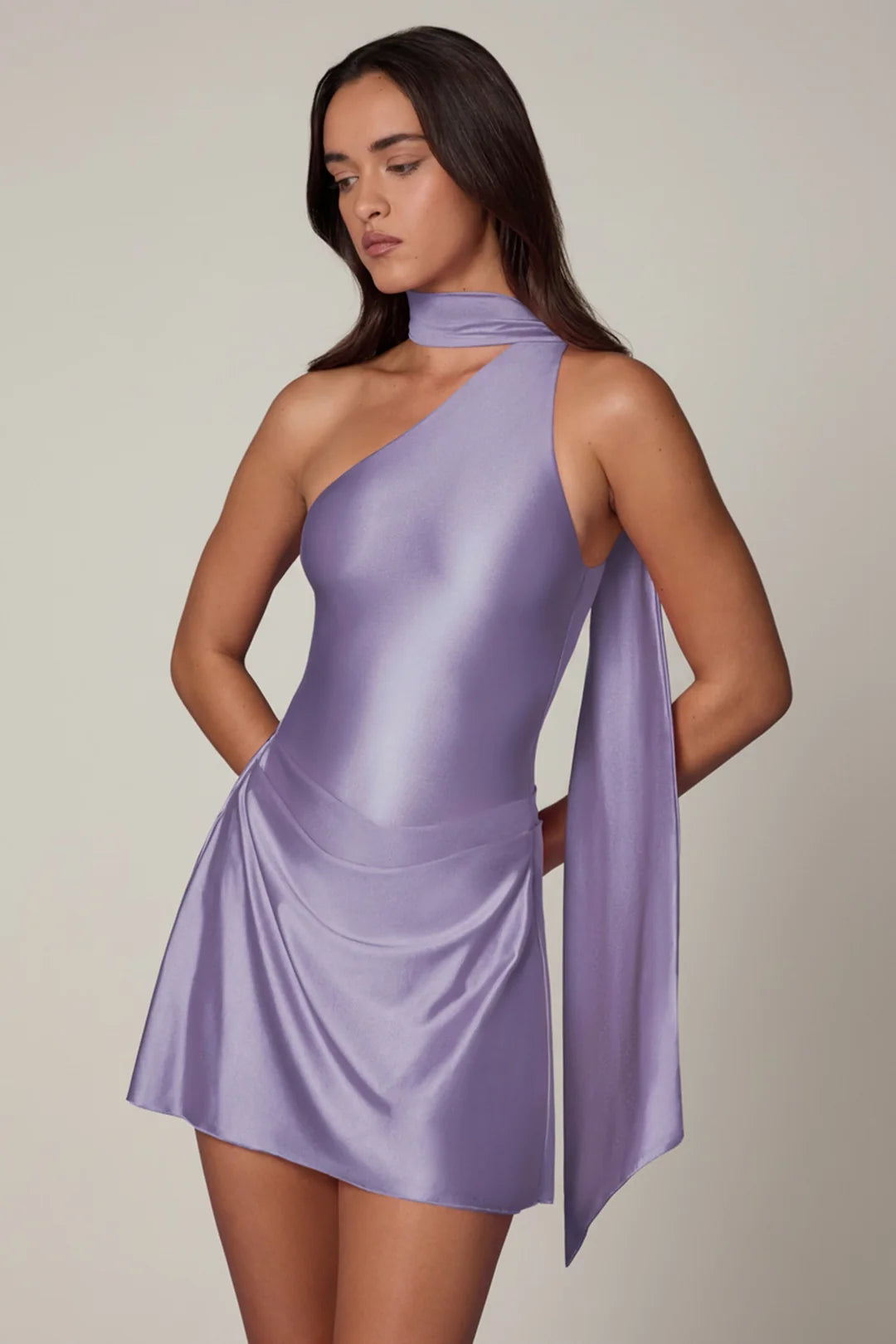 Asymmetric Scarf-Detail Mini Dress in Hot Pink